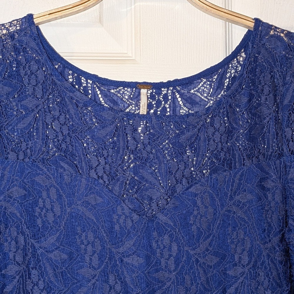 Free People Royal Blue Floral Lace Fit and Flare‎ 3/4 Sleeve Mini Dress Small - Picture 9 of 10